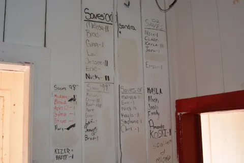 A list on the wall of the lifeguard room in the beach house shows each year's lifeguard "saves."