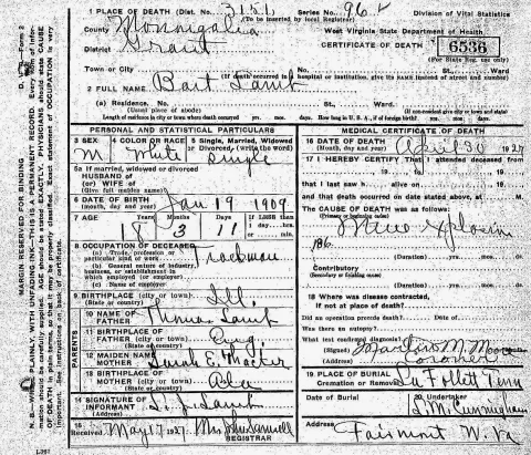 Bert Lamb’s death certificate