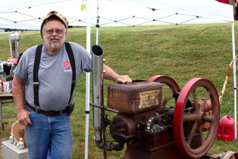 Martin Shafer displayed his hit and miss engines, along with his hand-crafted novelties, while demonstrating sleight of hand tricks