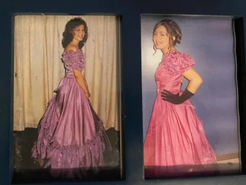 On the left, is me in my prom dress in 1983. On the right, is Sara wearing the same dress in 2008.