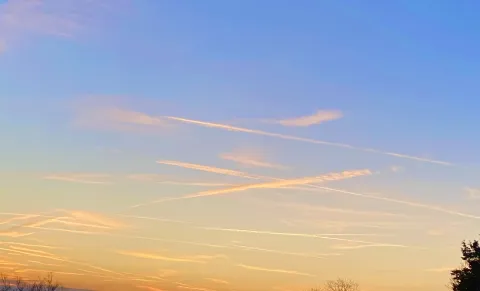 All of these clouds are man-made contrails, indicating a very busy sky.