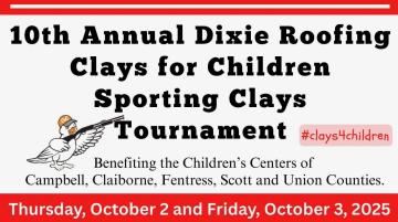 10th Annual Dixie Roofing Clays for Children Sporting Clays Tournament to be held on October 2 and 3, 2025. 10th Annual Dixie Roofing Clays for Children Sporting Clays Tournament to be held on October 2 and 3, 2025.