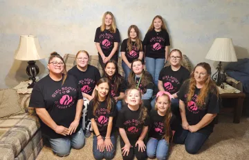 Front row: Emma, Allie, Mary Middle row: co-leader Kristina, Sarah,  Layla, Katelyn, Loretta, Troop Leader Michelle Back row: Alexis, Zoe, viper