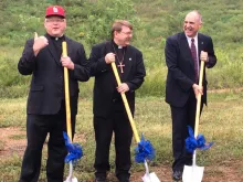 Bishop Richard Stika, Fr. Steve Pawelk and Union County Mayor Mike Williams break ground for the new St. Teresa of Kolkata Catholic Church in Maynardville.